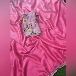 Elegant Pink shaded Satin with Pearl Trim Saree